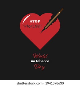 A red heart broken by a cigarette like a spear. Symbol of Harmfulness of smoking and the dangers associated with it. Vector illustration. A sign dedicated to the worldwide smoking cessation. Banner