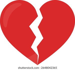 A red heart is broken with a crack through the middle on white background
