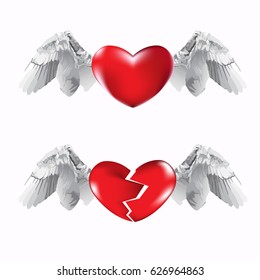 Red heart and broken red heart with flying wings on white background. Vector illustration.