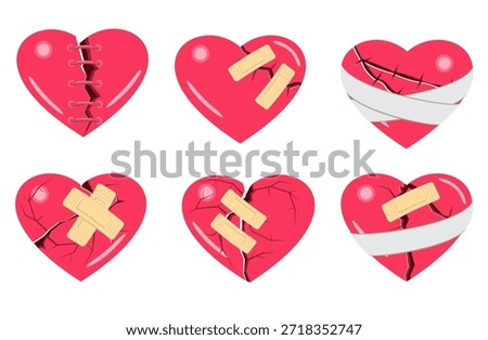 Red Heart broken to pieces. Icon set. Heart cracked and broken concept. First aid plasters on heart. Breakup or divorce, heartbreak regret, separated couple, tragic love. Broken Red Heart. Vector 