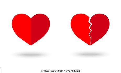 Red Heart and Broken Red Heart with Shadow. on White Background.