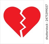 Red Heart broken to two pieces vector illustration icon or logo, broken heart concept, breakup or divorce, heartbreak regret, separated couple, tragic love. Broken Red Heart Emoji.