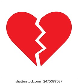 Red Heart broken to two pieces vector illustration icon or logo, broken heart concept, breakup or divorce, heartbreak regret, separated couple, tragic love. Broken Red Heart Emoji.