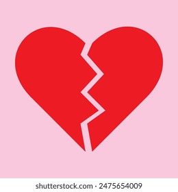 Red Heart broken to two pieces on pink background vector illustration icon or logo, broken heart concept, breakup or divorce, heartbreak regret, separated couple, tragic love. Broken Red Heart Emoji.