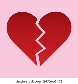 Red Heart broken to two pieces vector illustration icon or logo, broken heart concept, breakup or divorce, heartbreak regret, separated couple, tragic love. Broken Red Heart Emoji.