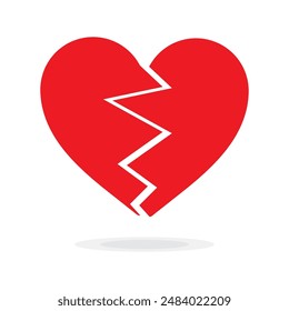 Red Heart broken to two pieces vector illustration icon or logo, broken heart concept, breakup or divorce, heartbreak regret, separated couple, tragic love. Broken Red Heart Emoji.