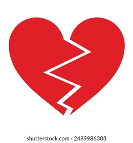 Red Heart broken to two pieces vector illustration icon or logo, broken heart concept, breakup or divorce, heartbreak regret, separated couple, tragic love. Broken Red Heart Emoji.