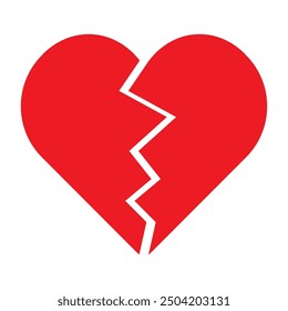 Red Heart broken to two pieces vector illustration icon or logo, broken heart concept, breakup or divorce, heartbreak regret, separated couple, tragic love. Broken Red Heart Emoji.