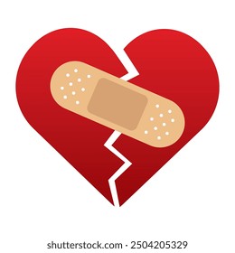 Red Heart broken to two pieces fixed with a plaster patch, vector illustration icon or logo, fixed broken heart concept, breakup or divorce, heartbreak regret, separated couple, tragic love.