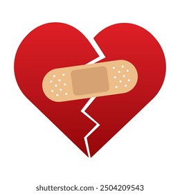 Red Heart broken to two pieces fixed with a plaster patch, vector illustration icon or logo, fixed broken heart concept, breakup or divorce, heartbreak regret, separated couple, tragic love.