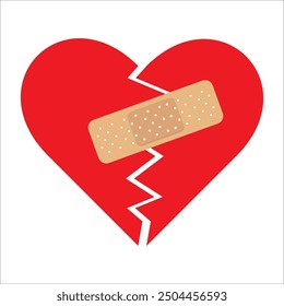 Red Heart broken to two pieces fixed with a plaster patch, vector illustration icon or logo, fixed broken heart concept, breakup or divorce, heartbreak regret, separated couple, tragic love.