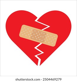 Red Heart broken to two pieces fixed with a plaster patch, vector illustration icon or logo, fixed broken heart concept, breakup or divorce, heartbreak regret, separated couple, tragic love.