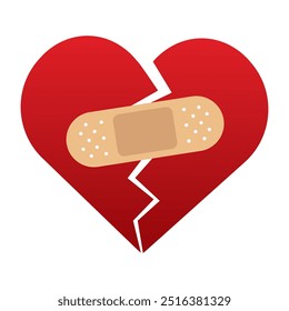 Red Heart broken to two pieces fixed with a plaster patch, vector illustration icon or logo, fixed broken heart concept, breakup or divorce, heartbreak regret, separated couple, tragic love.