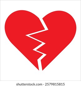 Red Heart broken to two pieces vector illustration icon or logo, broken heart concept, breakup or divorce, heartbreak regret, separated couple, tragic love. Broken Red Heart Emoji.