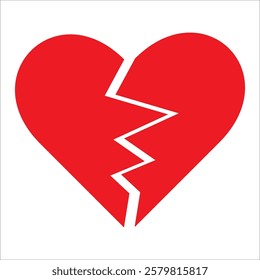 Red Heart broken to two pieces vector illustration icon or logo, broken heart concept, breakup or divorce, heartbreak regret, separated couple, tragic love. Broken Red Heart Emoji.