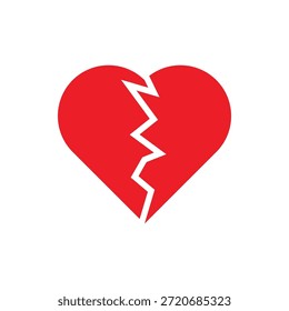 Corazón rojo roto en dos piezas icono de Ilustración vectorial o logotipo, concepto de corazón roto, ruptura o divorcio, arrepentimiento de desamor, pareja separada, amor trágico. Emoji del corazón rojo roto.