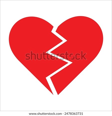 Red Heart broken to two pieces vector illustration icon or logo, broken heart concept, breakup or divorce, heartbreak regret, separated couple, tragic love. Broken Red Heart Emoji.