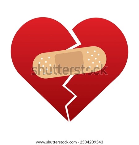 Red Heart broken to two pieces fixed with a plaster patch, vector illustration icon or logo, fixed broken heart concept, breakup or divorce, heartbreak regret, separated couple, tragic love.