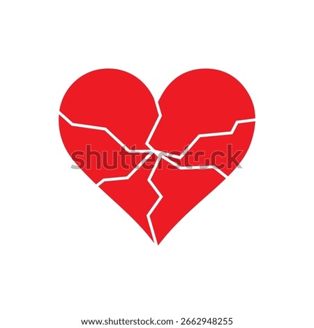 Red Heart broken to two pieces vector illustration icon or logo, broken heart concept, breakup or divorce, heartbreak regret, separated couple, tragic love. Broken Red Heart Emoji.