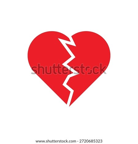 Red Heart broken to two pieces vector illustration icon or logo, broken heart concept, breakup or divorce, heartbreak regret, separated couple, tragic love. Broken Red Heart Emoji.