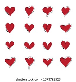Red heart brush hand drawn icon set isolated on white background. Red hearts icon for love symbol and Valentine's day. Dry brush painted collection of hearts, creative art concept. Vector illustration