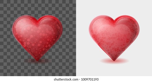 Red heart with bubbles inside isolated on white and transparent background. Glossy crystal glass heart symbol of Valentines day.
