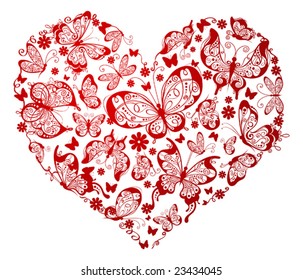 Red heart of butterflies, vector