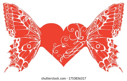 Red heart with butterfly wings. Vector abstract illustration of a red heart with beautiful butterfly wings isolated on white background. Suitable for valentine card, t-shirt design, tattoo, sticker