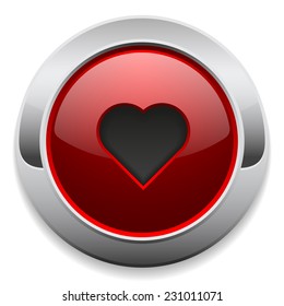 Red heart button with metallic border on white background