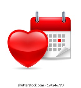 Red heart and calendar with marked day. Valentines Day or dating