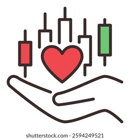 Red Heart and Candlestick Chart on Hand vector Financial Growth and Love for Trading concept colored icon or symbol