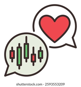 Red Heart and Candlestick Chart in Speech Bubbles vector Expressing Dedication to Markets concept colored icon or symbol