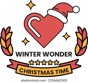 A red heart with a candy cane and a santa hat on top of it. The heart is surrounded by leaves and the words Winter Wonder Christmas Time