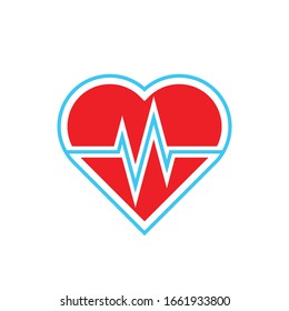 Diseño plano de la plantilla de icono de la línea de impulsos del corazón rojo y cardiograma. Silueta de corazón sobre fondo blanco. Signo de medicina cardiológica. Insignia del ritmo cardiaco. Símbolo de estilo de vida saludable y amor.