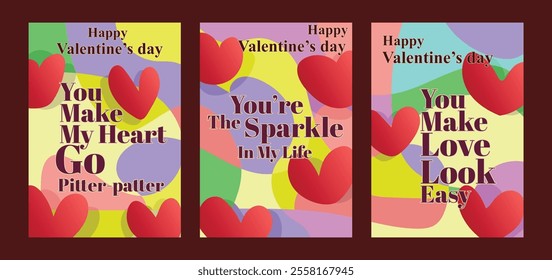 Red Heart Valentine’s Cards with Subtle Pastel Color Palettes. A set of Valentine’s Day greeting card with sample text, red hearts and abstract backgrounds templates vector illustration. 