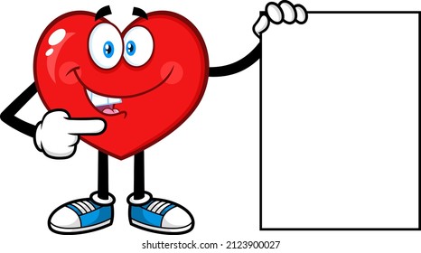 Red Heart Cartoon Character Pointing To A Blank Sign. Vector Hand Drawn Illustration Isolated On White Background