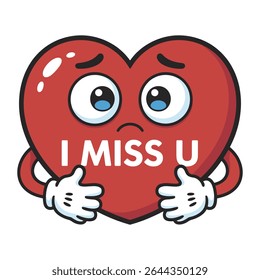 A red heart cartoon character with a sad face and the words I miss you printed on it hugs itself with small white hands. The style is simple and cute.