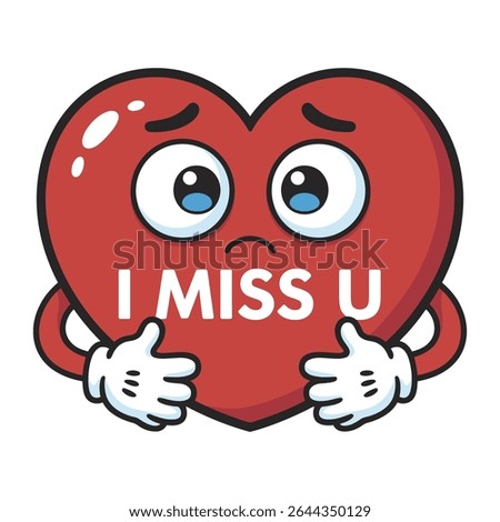 A red heart cartoon character with a sad face and the words I miss you printed on it hugs itself with small white hands. The style is simple and cute.
