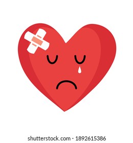 Red heart cartoon crying in flat design on white background. Bad Valentine’s Day. Sad heart, broken heart concept.