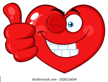 Red Heart Cartoon Emoji Face Character Winking and Giving A Thumb Up. Vector Illustration Isolated On White Background