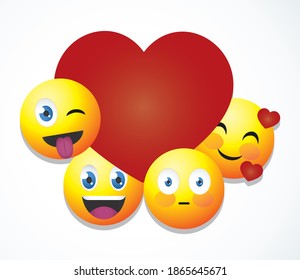 rotes Herz mit Cartoon-Emojis auf weißem Hintergrund, buntes Design, Vektorgrafik