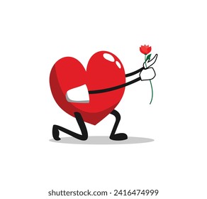 Red heart cartoon illustration, posing holding flowers and kneeling, design for valentines day, vector eps 10.