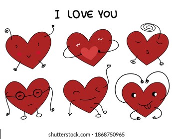Red heart cartoon in many action. Hand draw doodle for Valentine day. Cute art for print, sticker, kids, children, funny, card, decoration. With I LOVE YOU hand written isolate on white background.