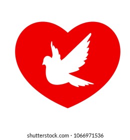 Red heart with a carved dove on a white background. Vector icon for background,design