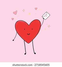 Carácter rojo del corazón con la cara y los brazos y las piernas minúsculos que sostienen la carta de amor con el símbolo del corazón, ilustración dibujada a mano en estilo simple de la historieta, perfecto para el día de San Valentín, mensajes del amor, diseños románticos, tarjetas de felicitación, pegatinas, medios sociales, ilustraciones de los niños, aislados en fondo transparente