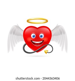 Red Heart Character with Golden Nimbus, White Angel Wings, and Black Tail. Cute Cartoon Style Illustration. Romantic Love Lovesickness Symbol. St Valentine Greeting Card Decor