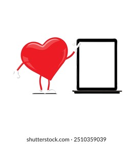 Red Heart Character Mascot with Blank Trade Show LCD Screen Stand as Template for Your Design on a white background. 3d Rendering