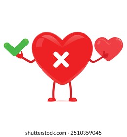 Red Heart Character Mascot with Red Cross and Green Check Mark, Confirm or Deny, Yes or No Icon Sign on a white background. 3d Rendering