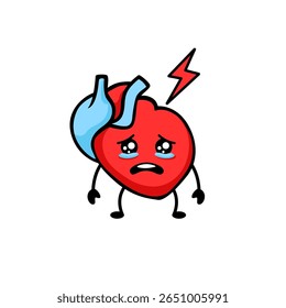 Un personaje de corazón rojo con lágrimas y un rayo muestra un sentimiento de tristeza y sorpresa.
