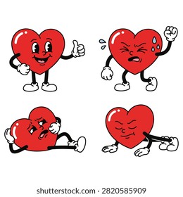 Red heart characters featuring thumbs up gesture. Exhausted heart crying and mascot doing pushups in classic comic art.
